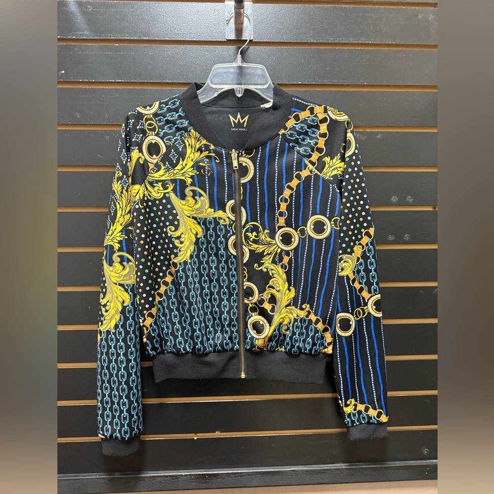 Nicki Minaj Black & Gold Patterned Bomber Jacket Women’s Size M